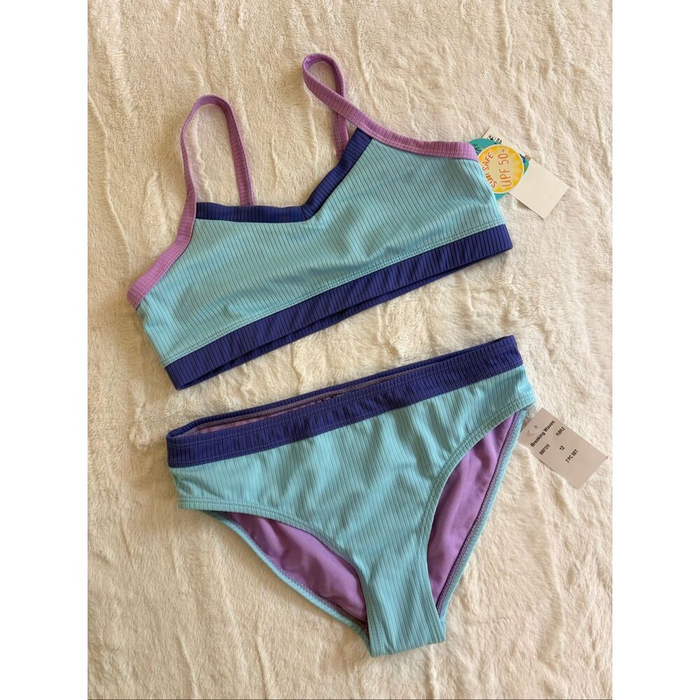 NWT Girls Size 12 Ribbed Bikini Swimsuit UPF 50+ Aqua Purple Breaking Waves